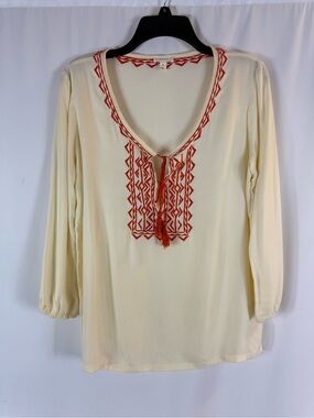 Soft Joie Embroidered V-Neck Peasant Top in Cream with Rust Accents size: S